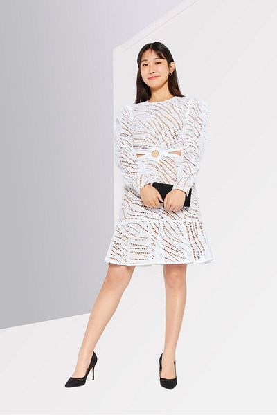 Michael Kors Women Mesh Cutout Detail Long Sleeve Mini Dress, White