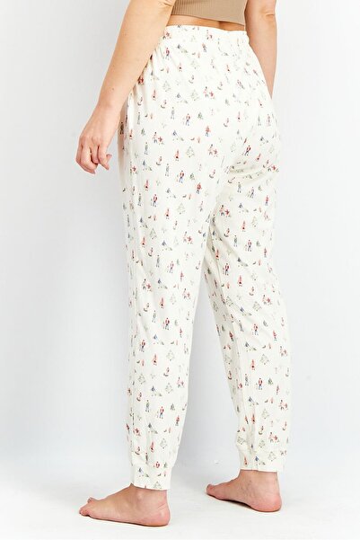 Tchibo Women Regular Fit Drawstring Allover Print Sleepwear Pants, Cream Combo
