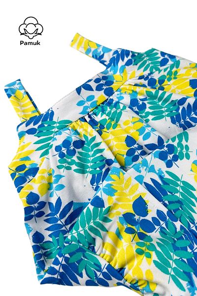 difa kids Rochie de vară confortabilă din bumbac cu bretele cu volane cu model de frunze albastre pentru fete