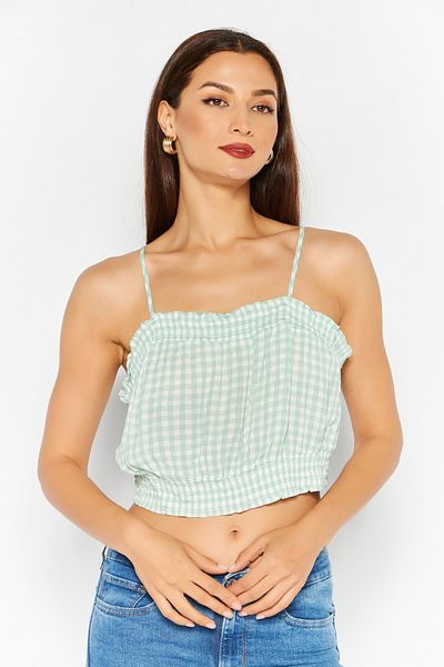 Hippie Rose Women Square Neck Sleeveless Gingham Top, Mint Green
