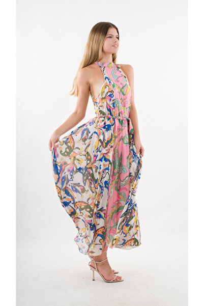 hazelin Colorblock Leaf Print - Γυναικείο μακρύ φόρεμα με λαιμόκοψη HZL24S-YY233