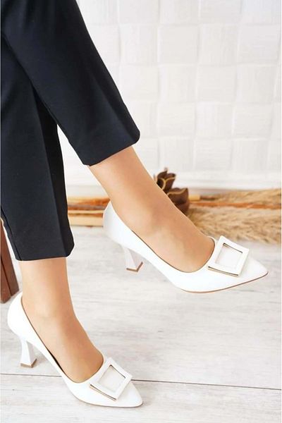 Kids Club Shoes Feles Square Buckle Detailed Stiletto Women's Heeled Shoes WHITE