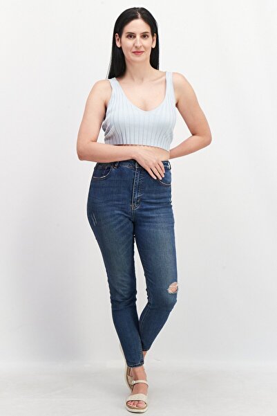 Monki Women V-Neck Sleeveless Ribbed Crop Top, Light Blue