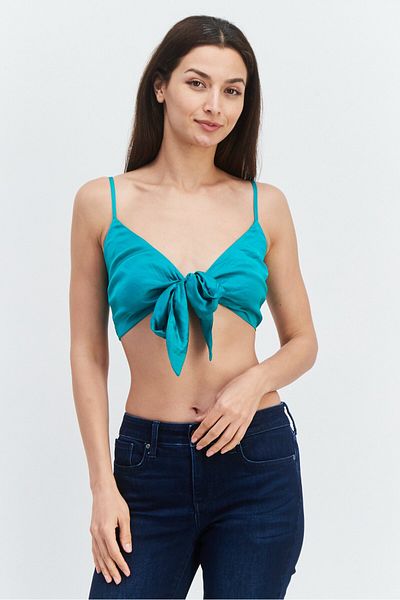 Etam Women Tie Neck Sleeveless Crop Top, Teal Green