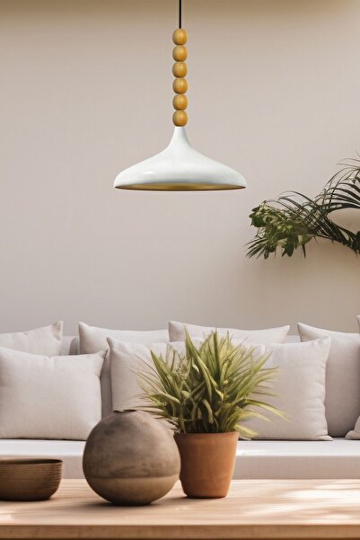 Bamyum Beyaz Ahşap Altı Boncuklu Tekli Avize Sarkıt Salon Mutfak Butik Lamba