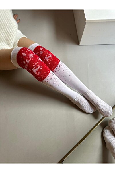 EREN STYLE Дълги плетени новогодишни чорапи с тема Честита Нова Година (55 CM)