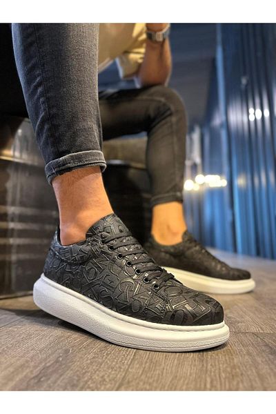 Knack High Sole Letter Patterned Casual Shoes 047 Black (White Sole)