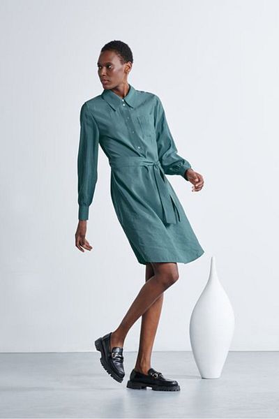Tchibo Women Belted Solid Shirt Dress, Green
