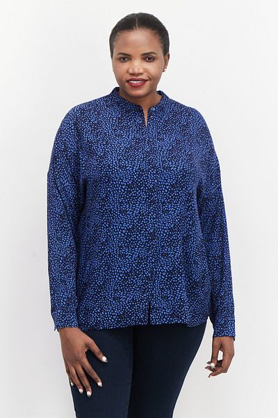 Esprit Women Band Collar Long Sleeve Allover Print Top, Blue