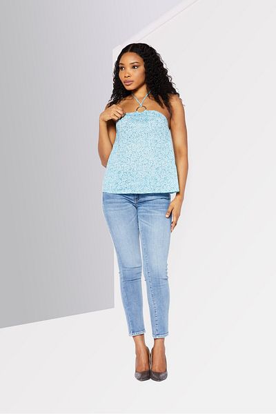 Michael Kors Women Petite Halter Neck Sleeveless Allover Print Top, Blue