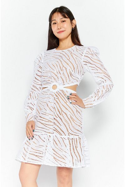 Michael Kors Women Mesh Cutout Detail Long Sleeve Mini Dress, White