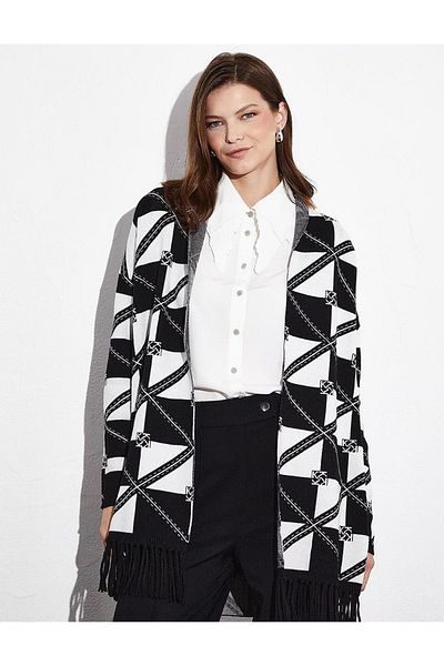 Kayra Exclusive Tasseled Monogram Design Knitwear Cardigan Black Optical White