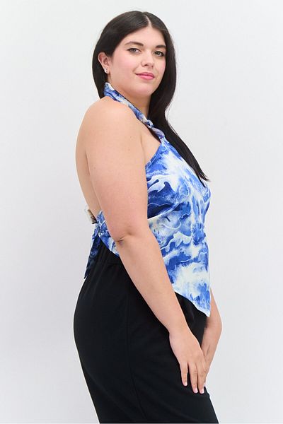 Royalty By Maluma Women Halter Neck Sleeveless Abstract Print Satin Top, Blue Combo