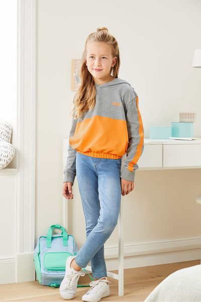 Tchibo Kids Girl Embroidered Hooded Sweatshirt, Grey And Yellow