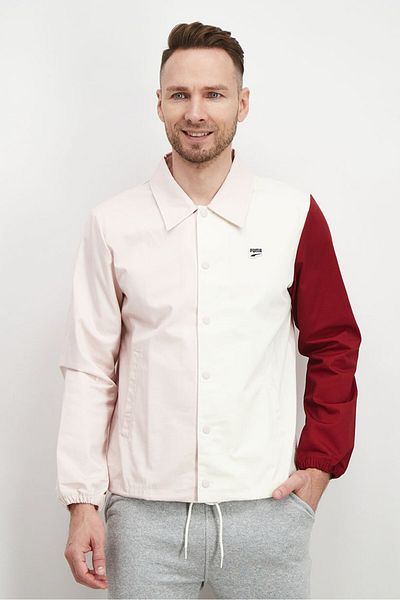 Puma Men Sportwear Fit Long Sleeve Colorblock Coach Jacket, Pink Combo