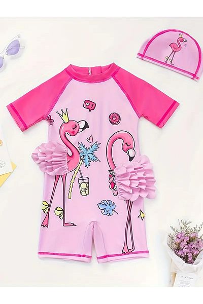 GlassySKY Flamingo 3D Applique One Piece Short Sleeve Stretchy Swimsuit and Cap Set, Summer Vacation ,Beach, Pool