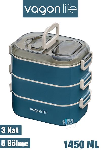 Vagonlife 1450 ml 3 Layer Steel Bento Lunch Box - New Generation Lunch Box (Can Be Used 2 Layers) - Fflbox708