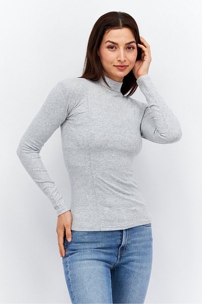 Etam Women Mock Neck Long Sleeve Heather Top, Grey