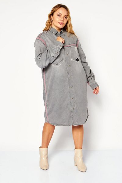 Diesel Women Textured Denim Shirt Dress, Grey