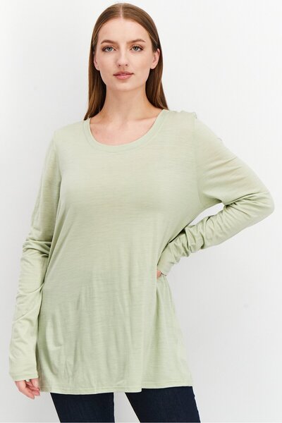 NAH/ Studio تي شيرت نسائي سادة بأكمام طويلة وياقة دائرية، أخضر باهت