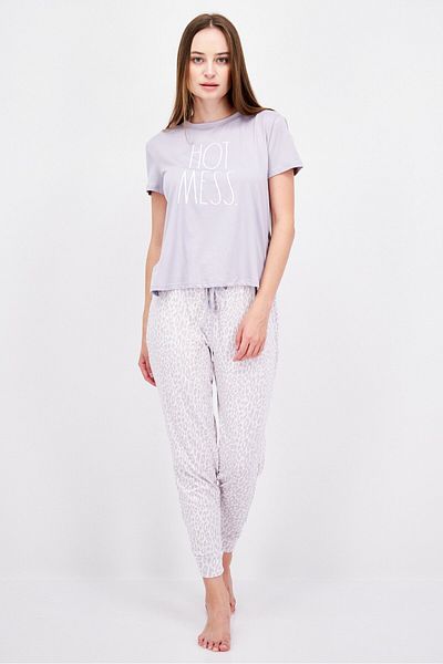 Rae dunn Women 2 Piece Plain Short Sleeve Top And Pajama, Purple