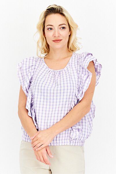 Riley & Rae Women Crew Neck Cap Sleeve Checkered Ruffled Top, Lavender