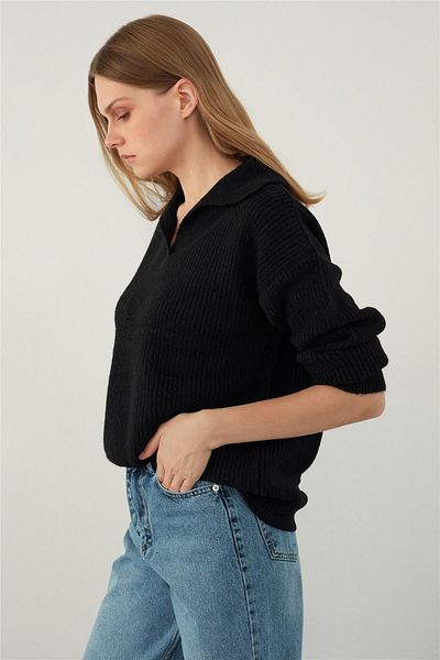 SHERIN Pulover negru tricotat cu gât polo