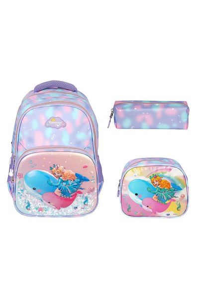 Relaxion Set de 3 figurine și paiete pentru fete - Rucsac pentru școală primară în relief cu prânz și suport pentru stilou RLX1370