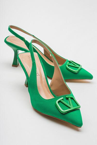 Ccway حذاء بكعب نسائي بإبزيم على شكل حرف V باللون الأخضر العشبي