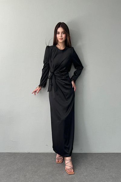lizge giyim Satin Dress - Sleeve and Fringe Detail