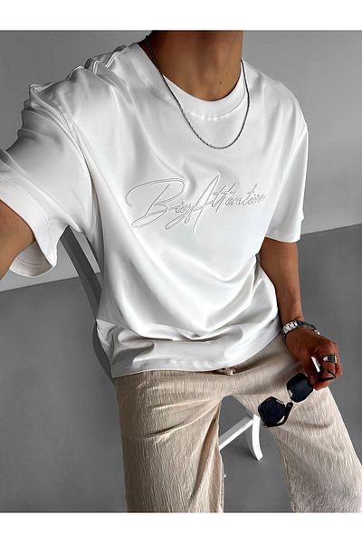 ablukaonline Men's White Oversize T-Shirt - Embroidered 'Big Atlention'