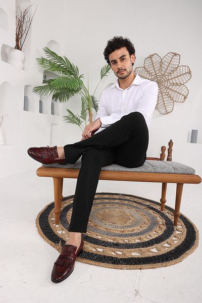 CassidoShoes Genuine Leather Tassel Detailed Neolite Sole Claret Red Float Belt Gift Classic Men's Shoes 023-4041