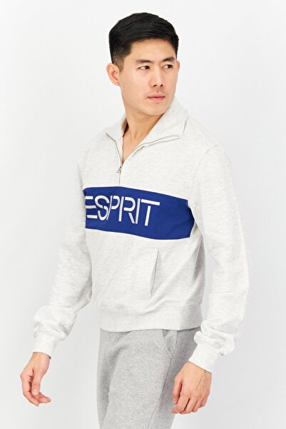 Esprit Men High Neck Long Sleeve Embroidered Sweatshirt, Light Grey
