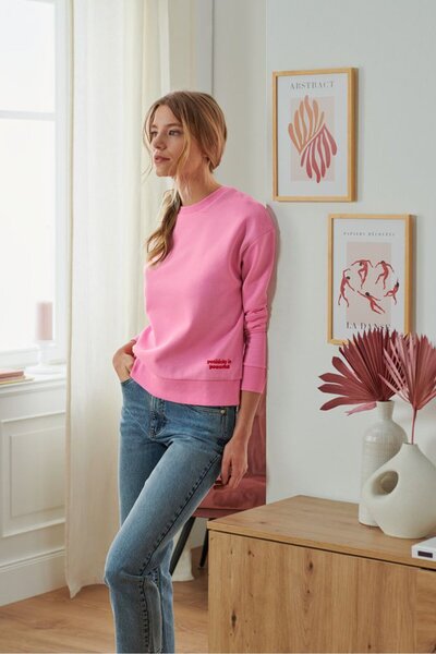 Tchibo Women Crew Neck Long Sleeves Embroidered Sweatshirts, Pink