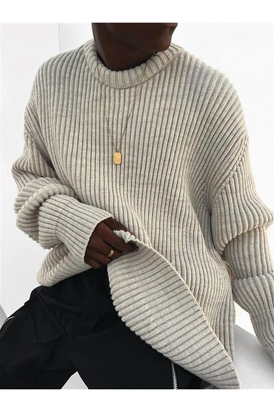 ablukaonline Ανδρικό πλεκτό πουλόβερ σε μπεζ χρώμα Extra Oversize με ραβδώσεις