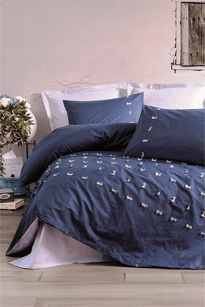 Cotton Box Gina Navy Blue - Σετ Παπλωματοθήκη Ranforce Διπλό Κεντημένο