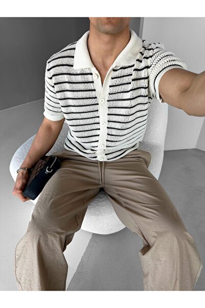 ablukaonline Men's Oversize Striped Polo Collar Knitted Shirt Black