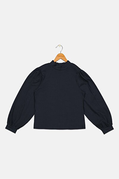 Tchibo بلوزة سادة بأكمام طويلة وياقة عالية للفتيات الصغيرات، أزرق داكن