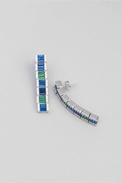 So CHIC... Renkli Baget Taşlı 18 Ayar Beyaz Altın Kaplama Gümüş Küpe