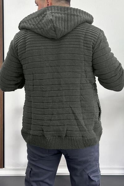Edwox Ανδρική πλεκτή ζακέτα με φερμουάρ και κουκούλα με επένδυση από γούνα πράσινο T743