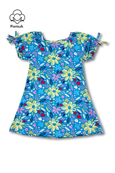 difa kids Rochie de vară confortabilă pentru fete cu mâneci cu balon cu imprimeu flori albastre