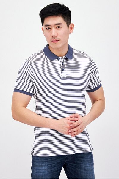 Threadbare Men Regular Fit Stripe Short Sleeve Polo Shirt, Blue