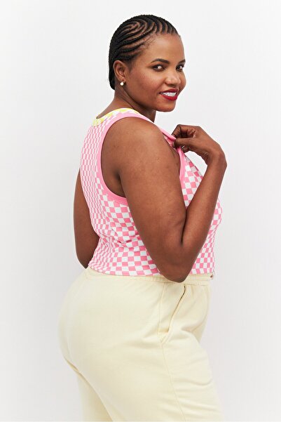 Dippin' Daisy's Women Plus Size Round Neck Sleeveless Checkered Tank Top, Pink