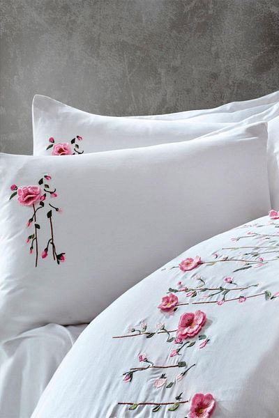 Cotton Box 3D Embroidered Satin Double Duvet Cover Set Perla White