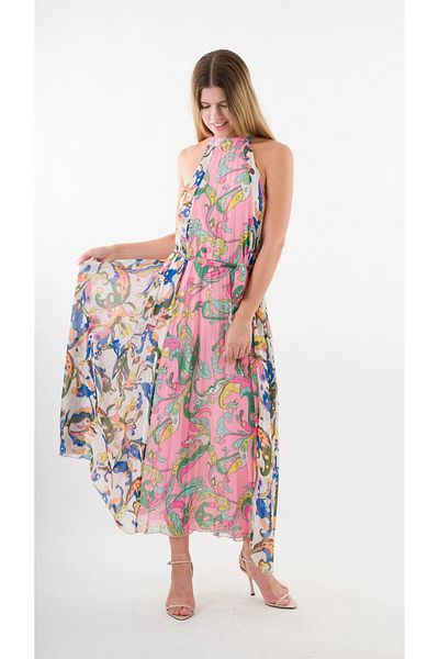 hazelin Color Blocked Leaf Pattern - Halter Neck Belted Long Dress for Women Hzl24S-Yy233