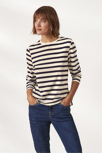 Tchibo Women Crew Neck Stripe Long Sleeve Sweatshirts, Cream Combo