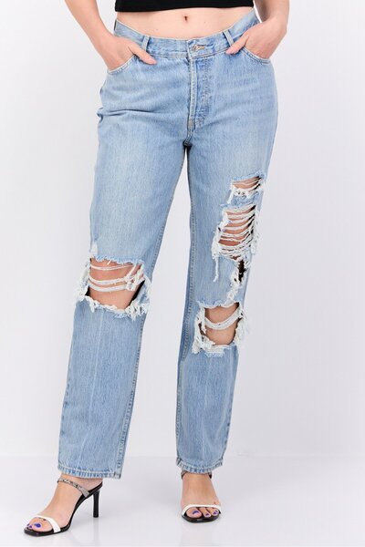 Asos Design Women Straight Fit Ripped Stretchable Jeans, Blue