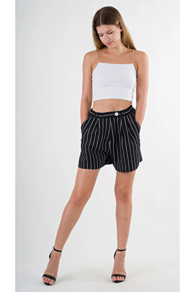 hazelin Black Striped Women's Shorts - Rubber Waist, Button Detail, Pocket Hzl24S-Yy277