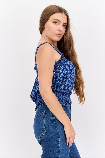 Riley & Rae Women Square Neck Sleeveless Allover Printed Tank Top, Blue