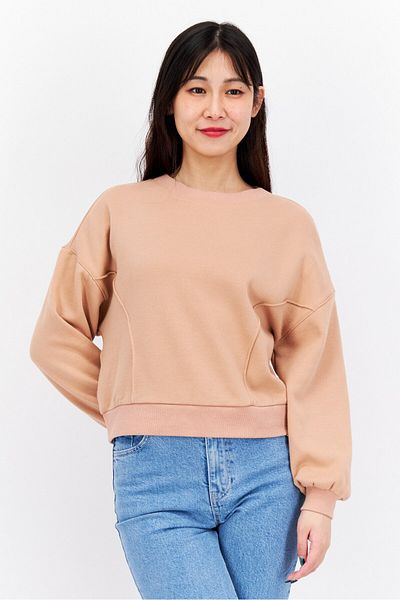 Etam Women Round Neck Long Sleeve Plain Sweatshirt, Brown